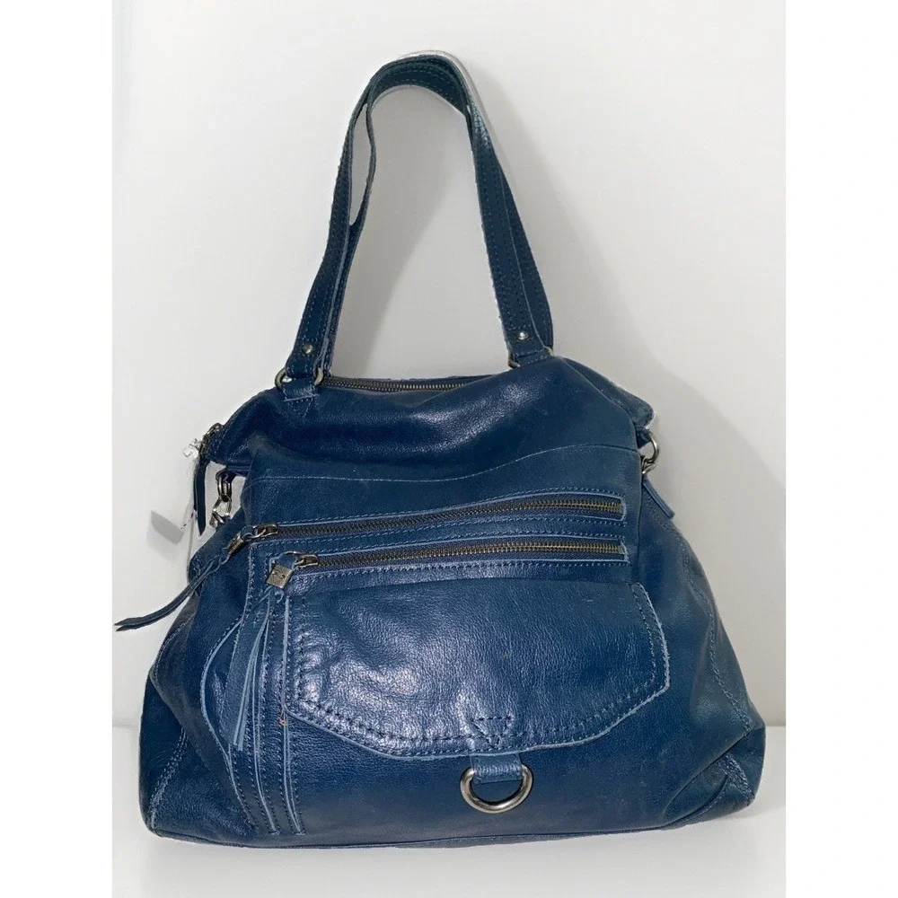 The Sak Blue Genuine Leather Multi Pocket Shoulder Foldover Bag Purse